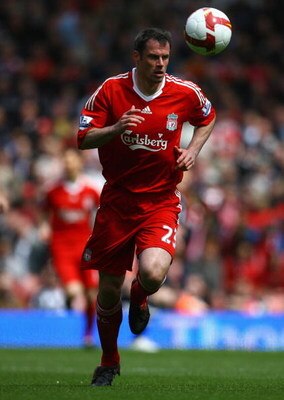 LIVERPOOL, UNITED KINGDOM - MAY 03:   Jamie Carragher of Liverpool in action during the Barclays Premier League match between Liverpool and Newcastle United at Anfield on May 3, 2009 in Liverpool, England. (Photo by Alex Livesey/Getty Images)