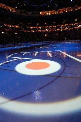 PHILADELPHIA - APRIL 28:  The logo of the Philadelphia Flyers shines on the ice before game four of the Eastern Conference Quarterfinals between the Flyers and the Buffalo Sabres during the 2006 NHL playoffs on April 28, 2006 at the Wachovia Center in Phi