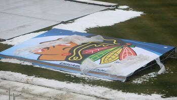 CHICAGO - DECEMBER 27: A Chicago Blackhawks logo is seen as preparations continue during a media availability for the 2009 NHL Winter Classic on December 27, 2008 at Wrigley Field in Chicago, Illinois. The Winter Classic will feature the Chicago Blackhawk