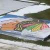 CHICAGO - DECEMBER 27: A Chicago Blackhawks logo is seen as preparations continue during a media availability for the 2009 NHL Winter Classic on December 27, 2008 at Wrigley Field in Chicago, Illinois. The Winter Classic will feature the Chicago Blackhawk