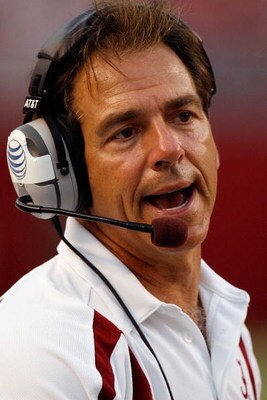 TUSCALOOSA, AL - SEPTEMBER 01:  Head Coach Nick Saban of Alabama watches a play from the sideline against Western Carolina on September 1, 2007 at Bryant-Denny Stadium in Tuscaloosa, Alabama. (Photo by Chris Graythen/Getty Images)