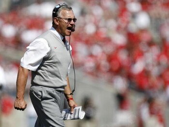 COLUMBUS, OH - SEPTEMBER 20:  Head coach Jim Tressel of the Ohio State Buckeyes yells from the sidelines during the second quarter while playing the Troy Trojans on September 20, 2008 at Ohio Stadium in Columbus, Ohio.  (Photo by Gregory Shamus/Getty Imag