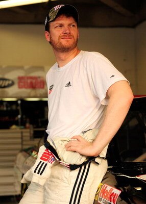 DAYTONA BEACH, FL - JULY 02:  Dale Earnhardt Jr, driver of the #88 National Guard/AMP Energy Chevrolet, stands in the garage during practice for the NASCAR Sprint Cup Series Coke Zero 400 at Daytona International Speedway on July 2, 2009 in Daytona Beach,