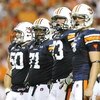 AUBURN, AL - SEPTEMBER 20:  Offensive lineman Ryan Pugh #50, Tyronne Green #71, Lee Ziemba #73 and tight end Tommy Trott #5 of the Auburn Tigers prepare for a play while taking on the LSU Tigers at Jordan-Hare Stadium on September 20, 2008 in Auburn, Alab