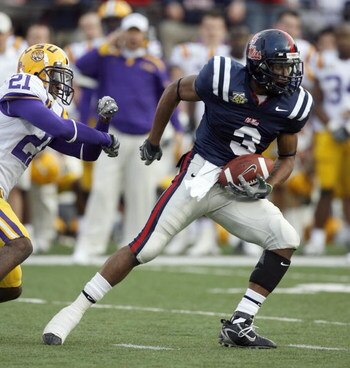 OXFORD, MS - NOVEMBER 17: Shay Hodge #3 of the Mississippi Rebels runs after the catch during a game against the LSU Tigers on November 17, 2007 at Vaught-Hemingway Stadium/Hollingsworth Field in Oxford, Mississippi. LSU beat Mississippi 41-24. (Photo by 