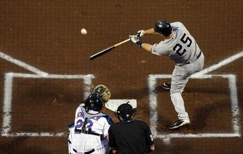 NEW YORK - JUNE 28: Mark Teixeira #25 of the New York Yankees connects for a first inning two run double against the New York Mets on June 28, 2009 at Citi Field in the Flushing neighborhood of the Queens borough of New York City. (Photo by Jim McIsaac/Ge