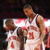 NEW YORK - MARCH 20:  Nate Robinson #4 of the New York Knicks walks from the court with teammate Wilson Chandler #21 against the Sacramento Kingson March 20, 2009 at Madison Square Garden in New York City. NOTE TO USER: User expressly acknowledges and agr