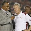 PASADENA, CA - JANUARY 1:  Head coach Pete Carroll of the USC Trojans is interviewed by John Saunders of ABC after the game against the Penn State Nittany Lions on January 1, 2009 at the Rose Bowl in Pasadena, California.  USC won 38-24.  (Photo by Jeff G