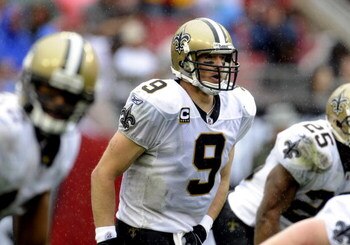 TAMPA, FL - NOVEMBER 30: Quarterback Drew Brees #9 of the New Orleans Saints sets for play against the Tampa Bay Buccaneers at Raymond James Stadium on November 30, 2008 in Tampa, Florida.  (Photo by Al Messerschmidt/Getty Images) 