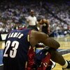 ORLANDO, FL - MAY 30: LeBron James #23 of the Cleveland Cavaliers sits on the court after being fouled by the Orlando Magic in Game Six of the Eastern Conference Finals during the 2009 Playoffs at Amway Arena on May 30, 2009 in Orlando, Florida. NOTE TO U