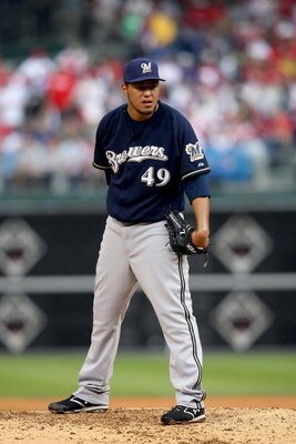 PHILADELPHIA - OCTOBER 1:  Yovani Gallardo #49 of the Milwaukee Brewers sets up to throw a pitch during Game 1 of the NLDS Playoffs against the Philadelphia Phillies at Citizens Bank Ballpark on October 1, 2008 in Philadelphia, Pennsylvania. The Phillies 