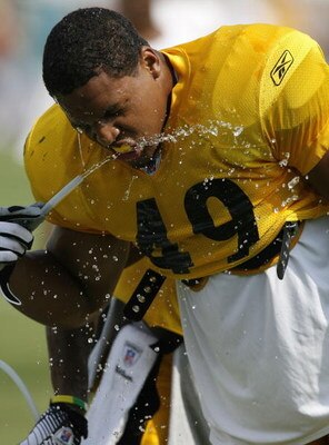 LATROBE, PA - AUGUST 08: Marcello Church #49 of the Pittsburgh Steelers gets a drink during training camp at St. Vincent College on August 8, 2007 in Latrobe, Pennsylvania. (Photo by Gregory Shamus/Getty Images)