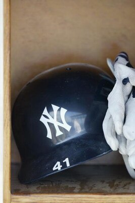 TAMPA, FL - MARCH 6:  New York Yankees batting helmet and gloves during the Spring Training game against the Toronto Blue Jays on March 6, 2004 at Legends Field in Tampa, Florida. The Yankees won 14-5. (Photo by Eliot J. Schechter/Getty Images)