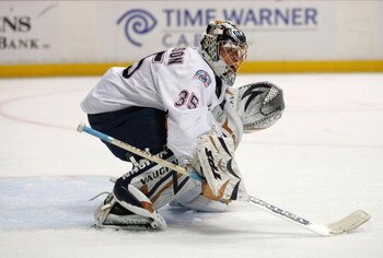 ANAHEIM, CA - MARCH 27:  Goaltender Dwayne Roloson #35 of the Edmonton Oilers gets in position to defend his net during the NHL game against the Anaheim Ducks at Honda Center on March 27, 2009 in Anaheim, California. The Oilers defeated the Ducks 5-3.  (P