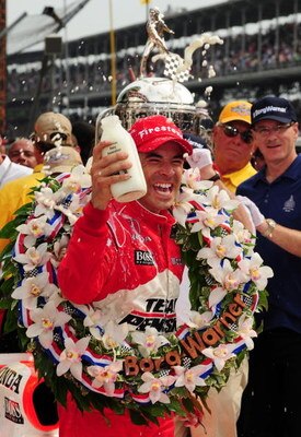 INDIANAPOLIS - MAY 24:  Helio Castroneves driver of the #3 Team Penske Dallara Honda celebrates in victory lane after winning the IRL IndyCar Series 93rd running of the Indianapolis 500 at the Indianapolis Motor Speedway on May 24, 2009 in Indianapolis, I