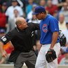 CHICAGO - MAY 27: Home plate umpire Mark Carlson #48 ejects starting pitcher Carlos Zambrano #38 of the Chicago Cubs after an arguement over a play at the plate between Zambrano and Nyjer Morgan of the Pittsburgh Pirates on May 27, 2009 at Wrigley Field i