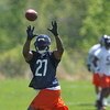 LAKE FOREST, IL - MAY 20: Kevin Jones #27 of the Chicago Bears leaps to catch a pass during an organized team activity (OTA) practice on May 20, 2009 at Halas Hall in Lake Forest, Illinois. (Photo by Jonathan Daniel/Getty Images)
