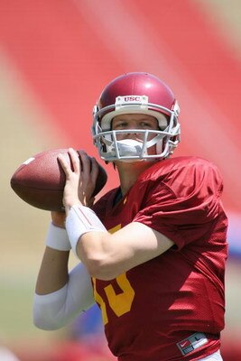 LOS ANGELES, CA - APRIL 25: Quarterback Aaron Corp #15 of the USC Trojans looks on during the spring game on April 25, 2009 at the Los Angeles Memorial Coliseum in Los Angeles, California.  The cardinal team won 16-10.  (Photo by Jeff Golden/Getty Images)