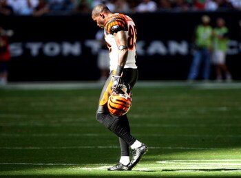 HOUSTON - OCTOBER 26: Wide receiver Chad Johnson #85 of the Cincinnati Bengals walks to the huddle in the game against the Houston Texans on October 26, 2008 at Reliant Stadium in Houston, Texas. (Photo by Stephen Dunn/Getty Images)