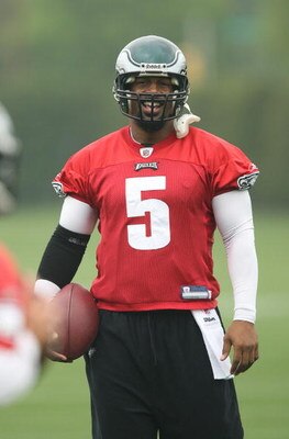 PHILADELPHIA - MAY 1: Quarterback Donovan McNabb #5 of the Philadelphia Eagles looks on during minicamp practice at the NovaCare Complex on May 1, 2009 in Philadelphia, Pennsylvania. (Photo by Hunter Martin/Getty Images)