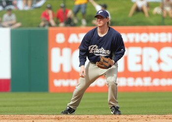 TEMPE, AZ - MARCH 7: Khalil Greene #3  of the San Diego Padres stands ready to field against the Los Angeles Angels of Anaheim during Spring Training on March 7, 2007 at Tempe Diablo Stadium in Tempe Arizona. The Angels defeated the Padres 6-4. (Photo by 