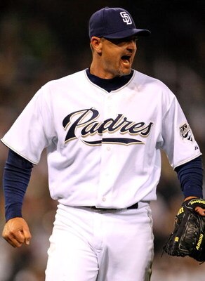 SAN DIEGO - MAY 10:  Closer Trevor Hoffman #51 of  the San Diego Padres celebrates after getting the final out against the Colorado Rockies on May 10, 2008 at Petco Park in San Diego, California.  The Padres won 3-2.  (Photo by Stephen Dunn/Getty Images)