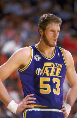 SALT LAKE CITY - 1988:  Mark Eaton #53 of the Utah Jazz rests during an NBA game at The Salt Palace in Salt Lake City, Utah in 1988. (Photo by Stephen Dunn/Getty Images)