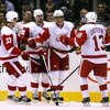 LOS ANGELES, CA - OCTOBER 27:  Marian Hossa #81 of the Detroit Red Wings celebrates with teammates Mikael Samuelsson #37, Tomas Holmstrom #96 and Pavel Datsyuk #13 after Hossa scored a second period power play goal against the Los Angeles Kings during the