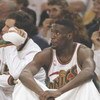 20 May 1996:  Seattle Supersonics forward Shawn Kemp sits on the bench during playoff game against the Utah Jazz at Key Arena in Seattle, Washington.  The Supersonics won the game 91-87. Mandatory Credit: Stephen Dunn  /Allsport
