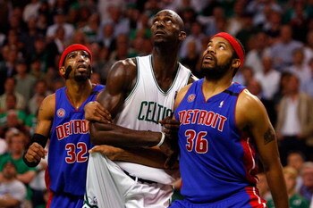 BOSTON - MAY 28:  Rasheed Wallace #36 and Richard Hamilton #32 of the Detroit Pistons box out against Kevin Garnett #5 of the Boston Celtics during Game Five of the Eastern Conference finals during the 2008 NBA Playoffs at TD Banknorth Garden on May 28, 2