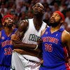 BOSTON - MAY 28:  Rasheed Wallace #36 and Richard Hamilton #32 of the Detroit Pistons box out against Kevin Garnett #5 of the Boston Celtics during Game Five of the Eastern Conference finals during the 2008 NBA Playoffs at TD Banknorth Garden on May 28, 2