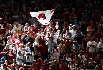 PHOENIX - MAY 30: Fans of the Arizona Diamondbacks cheer and wave a team flag during the tenth inning of the major league baseball game against the Atlanta Braves at Chase Field on May 30, 2009 in Phoenix, Arizona. The Diamondbacks defeated the Braves 3-