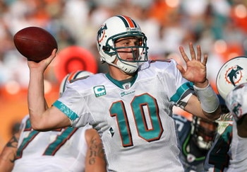 MIAMI - NOVEMBER 09:  Quarterback Chad Pennington #10 of the Miami Dolphins throws a pass against the Seattle Seahawksat Dolphin Stadium on November 9, 2008 in Miami, Florida. The Dolphins defeated the Seahawks 21-19.  (Photo by Doug Benc/Getty Images)