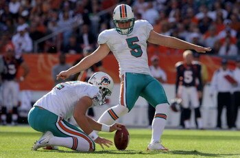 DENVER - NOVEMBER 02:  Place kicker Dan Carpenter #5 of the Miami Dolphins kicks a 45 yard field goal from the hold of Brandon Fields in the first quarter against the Denver Broncos during NFL action at Invesco Field at Mile High on November 2, 2008 in De