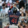 NEW YORK - APRIL 18:  Victor Martinez #41 of the Cleveland Indians celebrates a home run against the New York Yankees at Yankee Stadium on April 18, 2009 in the Bronx borough of New York City.  (Photo by Nick Laham/Getty Images)