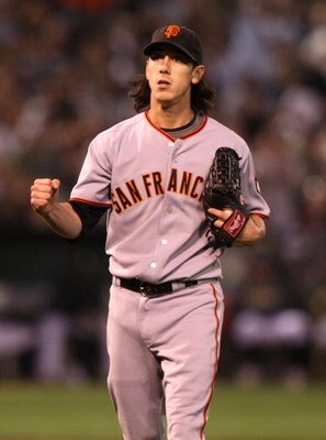 OAKLAND, CA - JUNE 23:  Tim Lincecum #55 of the San Francisco Giants pumps his fist after getting Kurt Suzuki of the Oakland Athletics to hit into a double play in the 6th inning during a Major League Baseball game on June 23, 2009 at the Oakland Coliseum