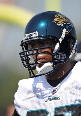 JACKSONVILLE, FL - MAY 1:  Tackle Eugene Monroe #75 of the Jacksonville Jaguars sets for play May 1, 2009 at a team minicamp near Jacksonville Municipal Stadium in Jacksonville, Florida.  (Photo by Al Messerschmidt/Getty Images)