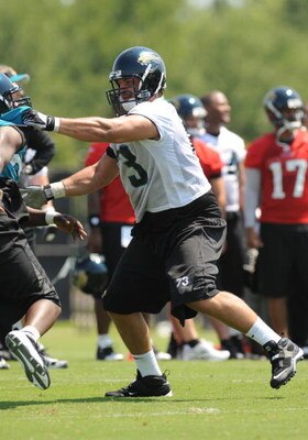 JACKSONVILLE, FL - MAY 1:  Tackle Eben Britton #73 of the Jacksonville Jaguars blocks May 1, 2009 at a team minicamp near Jacksonville Municipal Stadium in Jacksonville, Florida.  (Photo by Al Messerschmidt/Getty Images)