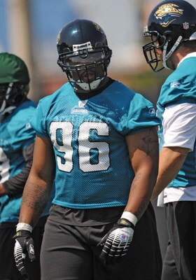 JACKSONVILLE, FL - MAY 1:  Defensive tackle Terrance Knighton #96 of the Jacksonville Jaguars sets for play May 1, 2009 at a team minicamp near Jacksonville Municipal Stadium in Jacksonville, Florida.  (Photo by Al Messerschmidt/Getty Images)