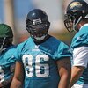 JACKSONVILLE, FL - MAY 1:  Defensive tackle Terrance Knighton #96 of the Jacksonville Jaguars sets for play May 1, 2009 at a team minicamp near Jacksonville Municipal Stadium in Jacksonville, Florida.  (Photo by Al Messerschmidt/Getty Images)