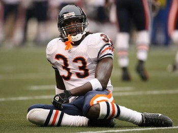 SEATTLE - NOVEMBER 18:  Cornerback Charles Tillman #33 of the Chicago Bears gets up slowly after crashing to the ground on a pass play in the first quarter against the Seattle Seahawks at Qwest Field on November 18, 2007 in Seattle, Washington. The Seahaw