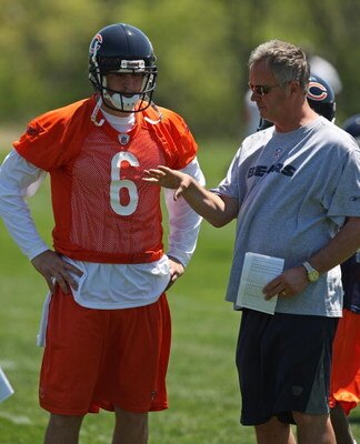 LAKE FOREST, IL - MAY 20:  Jay Cutler #6 of the Chicago Bears and offensive coordinator Ron Turner discuss a play during an organized team activity (OTA) practice on May 20, 2009 at Halas Hall in Lake Forest, Illinois.  (Photo by Jonathan Daniel/Getty Ima