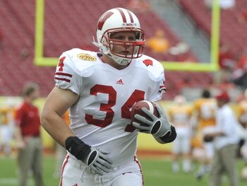 TAMPA, FL -  JANUARY 1: Fullback Bill Rentmeester #34 of the Wisconsin Badgers warms up for play against the Tennessee Volunteers in the 2008 Outback Bowl at Raymond James Stadium on January 1, 2008 in Tampa, Florida.  The Volunteers won 21 - 17. (Photo b