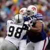 ORCHARD PARK, NY - SEPTEMBER 21:  Langston Walker #68 of the Buffalo Bills blocks Jay Richardson #98 of the Oakland Raiders during the game on September 21, 2008 at Ralph Wilson Stadium in Orchard Park, New York. (Photo by Rick Stewart/Getty Images)