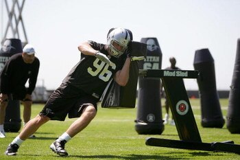 ALAMEDA, CA - MAY 08:  Stryker Sulak #96 of the Oakland Raiders runs drills during the Raiders minicamp at the team's permanent training facility on May 8, 2009 in Alameda, California.  (Photo by Ezra Shaw/Getty Images)