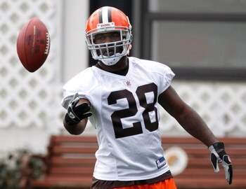 BEREA, OH - MAY 02:  James Davis #28 of the Cleveland Browns tosses a ball to a coach during rookie mini camp at the Cleveland Browns Training and Administrative Complex on May 2, 2009 in Berea, Ohio.  (Photo by Gregory Shamus/Getty Images)