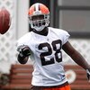 BEREA, OH - MAY 02:  James Davis #28 of the Cleveland Browns tosses a ball to a coach during rookie mini camp at the Cleveland Browns Training and Administrative Complex on May 2, 2009 in Berea, Ohio.  (Photo by Gregory Shamus/Getty Images)