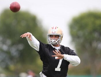 SANTA CLARA, CA - MAY 01:  Quarterback Nate Davis #7 of the San Francisco 49ers throws the ball during the 49ers Minicamp at their training facilities on May 1, 2009 in Santa Clara, California.  (Photo by Jed Jacobsohn/Getty Images)