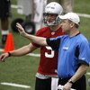 ALLEN PARK, MI - MAY 01: Offensive coordinator Scott Linehan of the Detroit Lions talks with Matthew Stafford #9 during rookie orientation camp at the Detroit Lions Headquarters and Training Facility on May 1, 2009 in Allen Park, Michigan.  (Photo by Greg