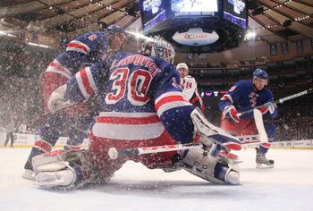 NEW YORK - APRIL 26:  Henrik Lundqvist #30 of the New York Rangers tends net against the Washington Capitals during Game Six of the Eastern Conference Quarterfinal Round of the 2009 NHL Stanley Cup Playoffs at Madison Square Garden on April 26, 2009 in Ne